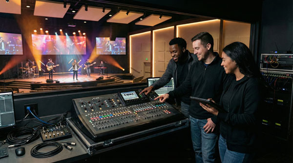 Church tech team troubleshooting production equipment