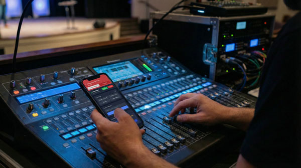 FOH engineer using CrewComm on phone while mixing